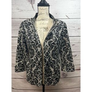 Talbots Blazer Jacket Black White Damask‎ Print 3/4 Sleeve Size 4